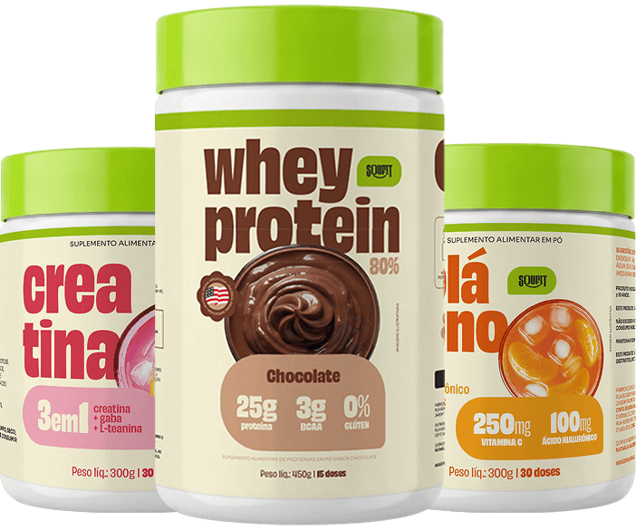 Kit com whey, creatina e colágeno